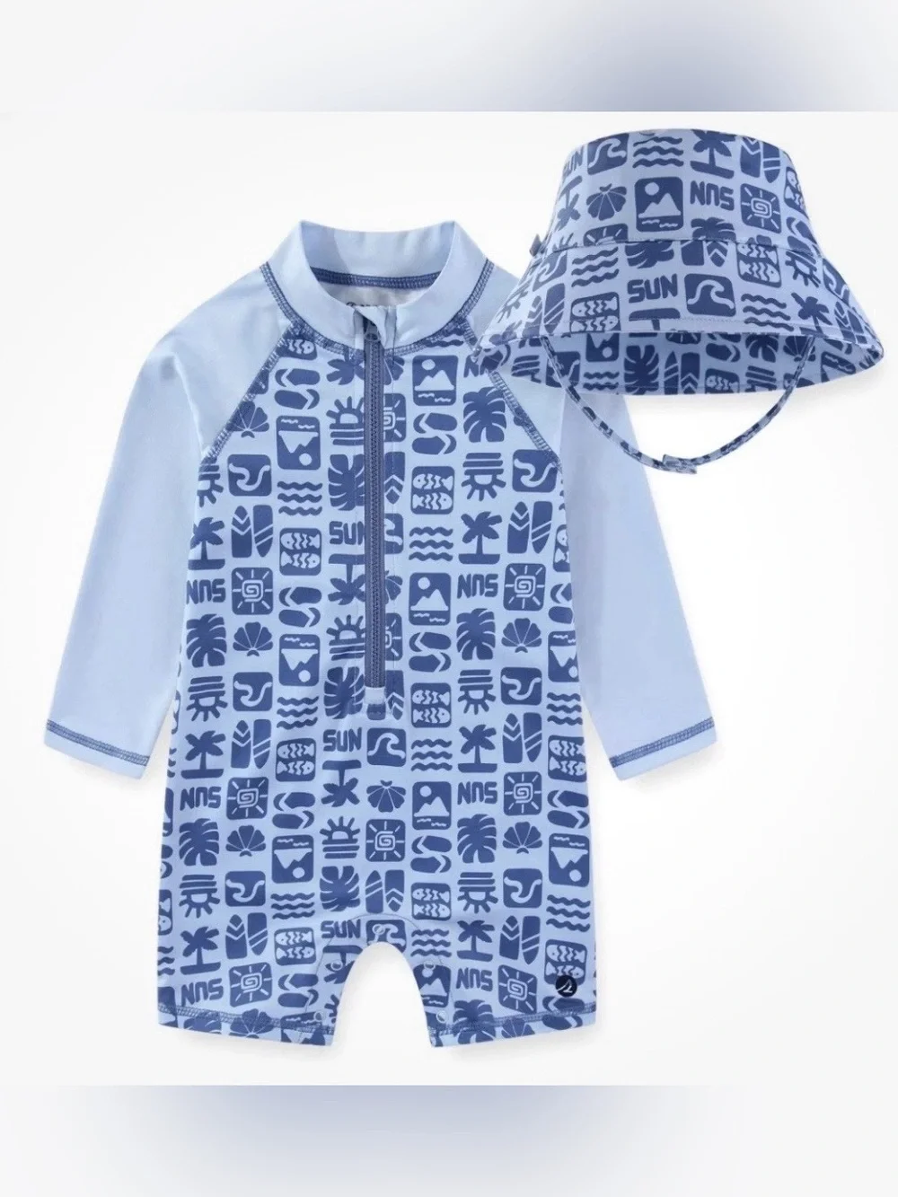 NWT Sperry Boys Blue Rash Guard 1 Piece Swimsuit With Bucket Hat Size 18 Months